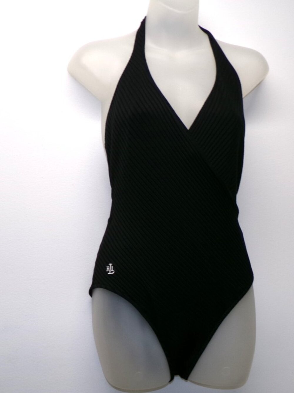 Lauren Ralph Lauren Black Ribbed Crossover Front Halter One Piece Swim Suit 12
